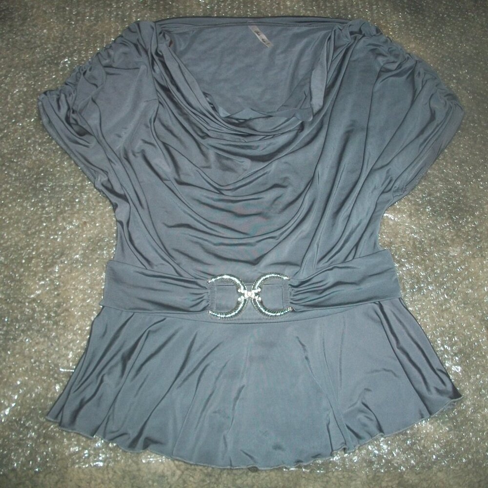 womens gray peplum blouse.draped front.size medium